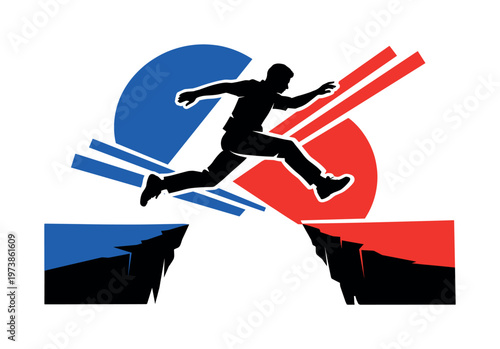 Black and white human silhouette jumping across a gap, dramatic frozen moment, cut-out layered collage with bold white outline, abstract half-circles, slanted