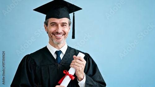 Smiling man in graduation cap and gown holding diploma against blue background  