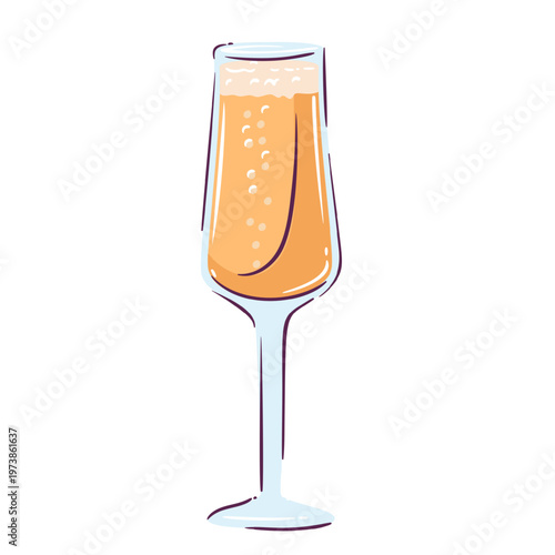 Champagne glass with sparkling drink, foam and rising bubbles in tall stemware silhouette. Toast, party and celebration decor with champagne glass, greeting card, sticker, cartoon vector illustration