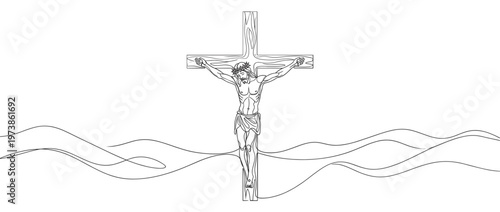 Minimalist continuous line art illustration of Jesus Christ on the cross representing crucifixion and religious faith for Christian Easter or Good Friday design isolated on white background