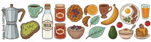 Large collection of hand drawn breakfast food and drink illustrations including coffee moka pot milk pancakes eggs and waffles for menu design isolated on white background for creators