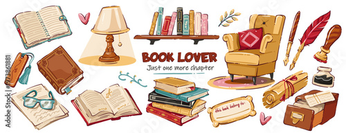 ABook lover set with books, armchair, lamp, glasses, quill, ink bottle, bookmark and library drawer. Reading decor and literary design with book lover set, cartoon vector illustration