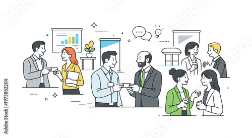 Conference networking moment. Business owners exchanging business cards and talking in small groups near exhibition stands. Friendly professional interaction