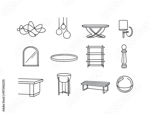 Contemporary Spaces with Shiny Accents. Minimalistic set one-line drawing metallic abstract wall sculpture, brass pendant cluster, chrome table base, copper