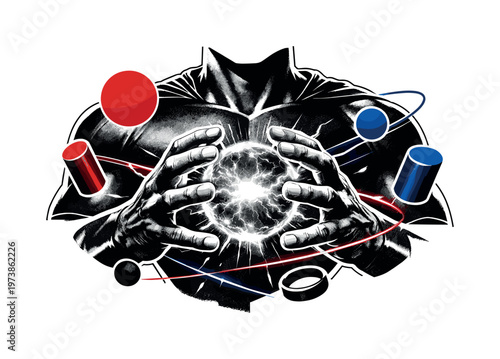 Close-up of a black and white hero torso and hands activating power, realistic hands layered with abstract glowing sphere at the center, white outline cut-out