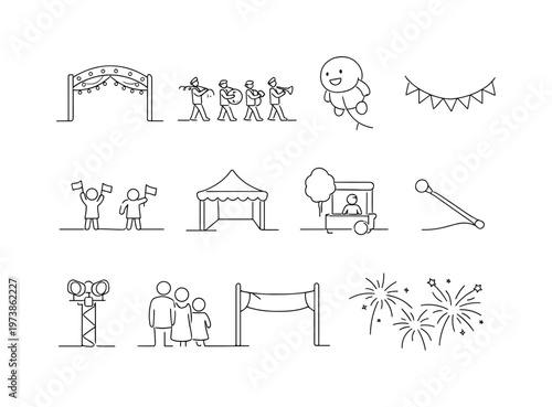 Holiday Street Celebration. Minimalistic set one-line drawing [decorated street arch, marching band line, parade balloon character, festive garland, children