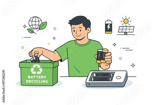 Eco-friendly battery disposal and replacement. A person removing used batteries and placing them into a recycling box before inserting new ones, showing