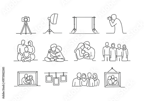 Family Portrait Studio. Minimalistic set one-line drawing [studio camera on tripod, softbox light, backdrop stand, photographer silhouette, family posing on