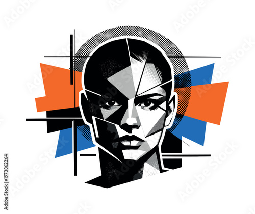 Black and white close-up face split into geometric planes, bold orange and blue flat blocks colliding behind the figure, halftone dot pattern embedded within a