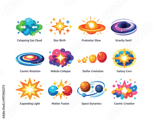 GalaxyFormation. Colorful flat vector icons set of GalaxyFormation: collapsing gas cloud, star birth, protostar glow, gravity swirl, cosmic rotation, nebula