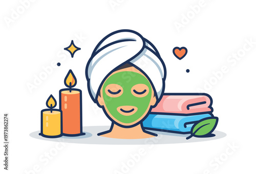 Home spa self care a face mask icon combined with candles and soft towels expressing relaxation and personal wellbeing in a quiet home setting. Minimalist flat