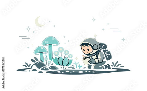 Explorer observing alien plants. A small simple character calmly studying glowing plants on an alien surface, showing curiosity and quiet exploration. Soft