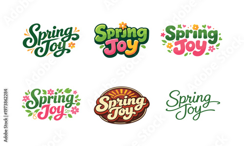 Spring Joy. Set lettering. harmonious lettering variations of the same emblematic concept, each with different artistic interpretation (Bold hand-lettering