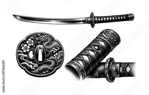 Samurai Sword ? ornate ceremonial katana. An ornate ceremonial katana with decorative tsuba and handle wrappings illustrated as one object presented in three