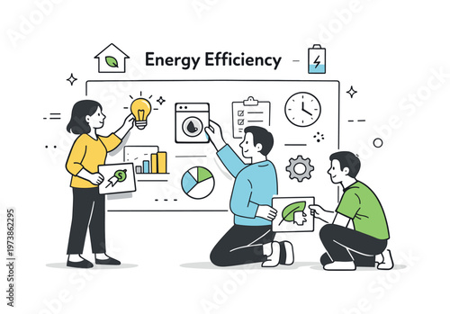 Energy efficiency planning. A team calmly arranging icons of lights, appliances, and charts on a board. A collaborative scene about reducing waste