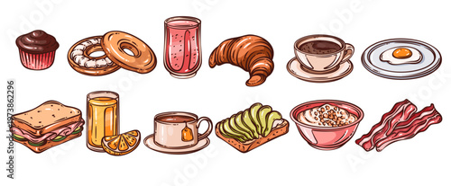 Breakfast food icons with croissant, coffee, fried egg, bacon, sandwich, avocado toast, juice, porridge, muffin, cafe menu items. Retro hand drawn line art style. Breakfast vector illustration.