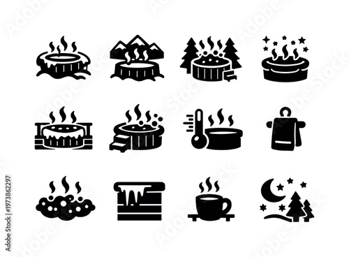 Winter Hot Tub. Solid icon set of Winter Hot Tub: hot tub in snow, icy surroundings, steam clouds, winter mountains, pine trees, snow-covered deck, ladder