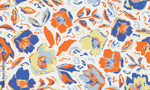 Hand drawn, flowers with leaves in orange, blue and butter yellow seamless repeat pattern. Random placed, vector botany aop, all over surface print on white background.