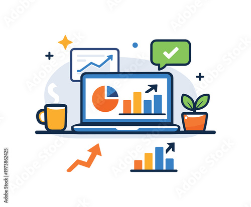 Employee productivity analytics expressed through a compact workspace icon combined with graphs and subtle sparkles, symbolizing clarity, momentum, and
