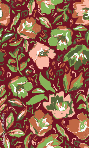Hand drawn, flowers with leaves pastel pink, sage green and brown seamless repeat pattern. Random placed, vector botany aop, all over surface print on red background.