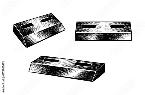 Chipper knife A thick wood chipper knife with angled cutting edge and mounting slots shown in three orientations emphasizing mass and durability. Black and