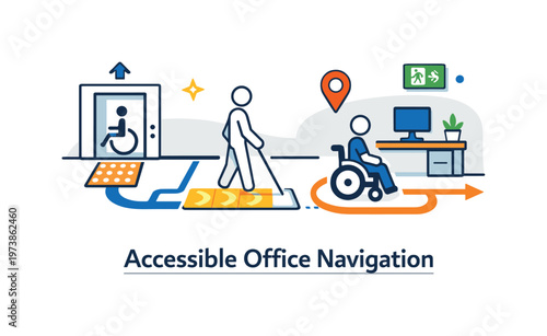 Accessible navigation in office spaces featuring simple floor plan elements with guiding lines and tactile symbols, expressing ease of movement and