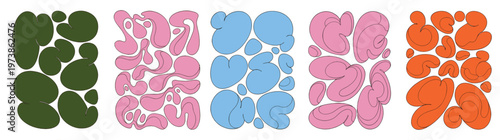 Large collection of abstract hand drawn organic blob shapes and liquid amoeba cells in colorful palette for modern graphic design and pattern background elements isolated on white background