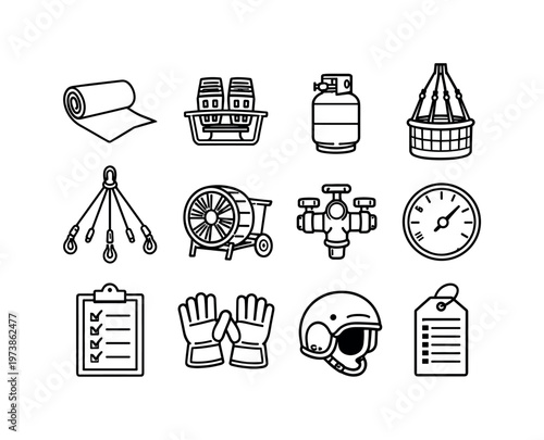 Balloon Equipment. Line icon set of Balloon Equipment: balloon envelope fabric, burner unit, gas tank, wicker basket, suspension cables, inflation fan, control