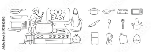 Cook easy line icon composition with kitchen and cooking symbols, home chef elements, cookware tools, food preparation utensils, and meal making concept. Minimal outline collection for culinary design