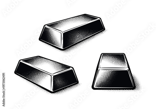 Bullion bar ? A classic bullion bar depicted as one object in three distinct angles, focusing on trapezoidal profile, sharp geometry, and weighty proportions.