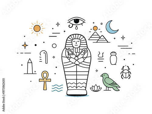Sarcophagus ancient burial symbolism. Abstract scene showing a sarcophagus surrounded by symbolic icons like stars, sun shapes, or hieroglyph-inspired marks.