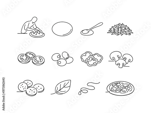 Pizza Toppings Process. Minimalistic set one-line drawing [person adding toppings, dough circle, sauce spreader, shredded cheese, tomato slices, olives, bell