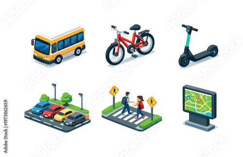 Campus transportation. Isometric flat vector icons set of Campus transportation: campus shuttle bus, student bicycle, electric scooter, parking lot with cars,
