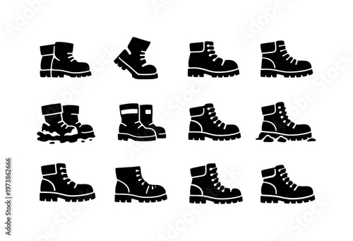Construction Worker Boots. Solid icon set of construction worker boots: construction boots stance, worker walking boots, steel toe cap boots, reinforced sole