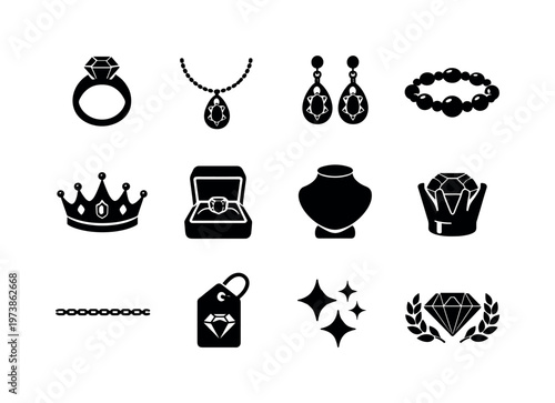 Luxury Jewelry. Solid icon set of Luxury Jewelry: gemstone ring, gemstone necklace, gemstone earrings, gemstone bracelet, jewel crown, jewelry box, velvet