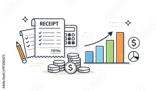 Expense tracking. Receipts, coins, and a simple bar chart laid out together, visualizing spending control. Balanced and thoughtful atmosphere. Minimalist flat