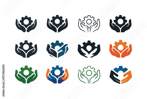 hands-on practice. Icon set. Set Logo of hands-on practice: gear. harmonious logo variations of the same emblematic concept, each with different artistic