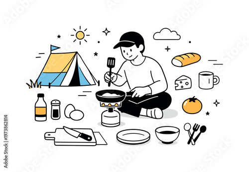 Cooking at campsite. A character preparing a simple meal on a portable stove near a tent, with minimal utensils and food icons arranged neatly. Calm focused