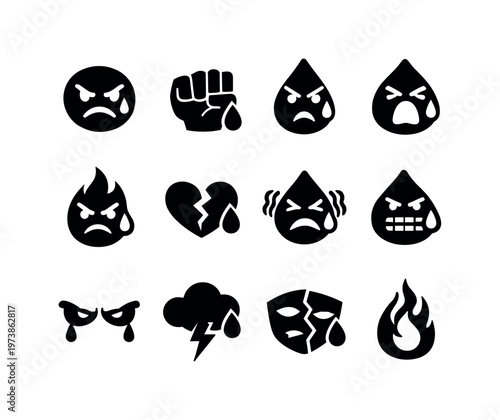 Angry Tear. Solid icon set of Angry Tear: angry face with tear, clenched fist with tear, furrowed brows tear, screaming face tear, red anger symbol tear,