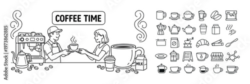 Coffee time line icon composition with cafe and beverage symbols, hot drink elements, takeaway cup, coffee break scene, and cozy refreshment concept. Minimal outline collection for barista service, mo