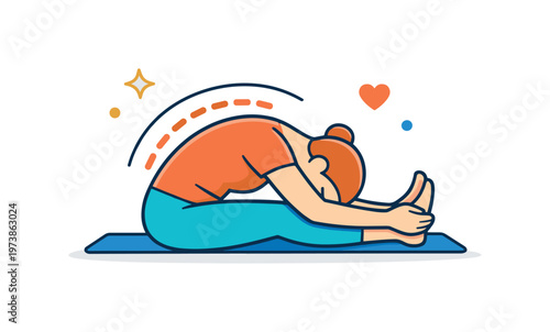 Yoga stretching for back relief centered on a simple forward bend pose with curved lines emphasizing spine release and relaxation, conveying comfort and gentle