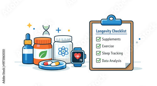 Biohacking longevity approach captured with a clean desk scene of supplements paired with a simple checklist, expressing control, experimentation,