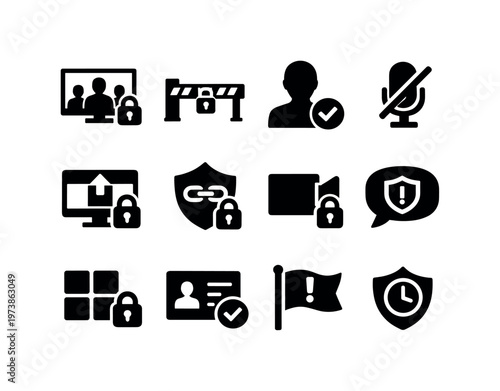 Online Classroom Security. Solid icon set of online classroom security: secure video meeting lock, waiting room gate, participant approval check, mute all