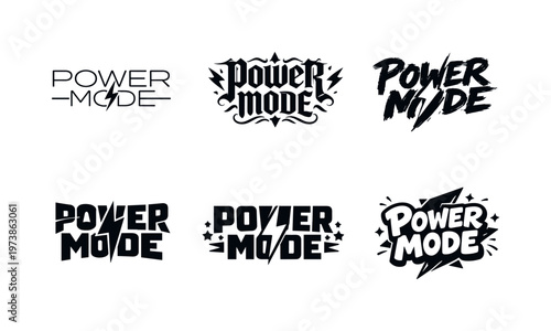 Power Mode. Set lettering. harmonious lettering variations of the same emblematic concept, each with different artistic interpretation (Modern minimal monoline