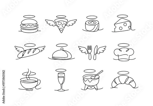 Angelic Gourmet Icons. Minimalistic set one-line drawing burger with halo, pizza slice with wings, sushi roll with halo, cheese wedge with halo, baguette with