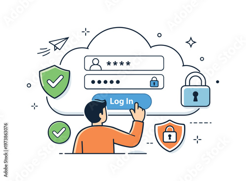 Cloud access control. A user logging in with simple authentication icons like checkmarks and locks. The scene emphasizes controlled access and confidence in
