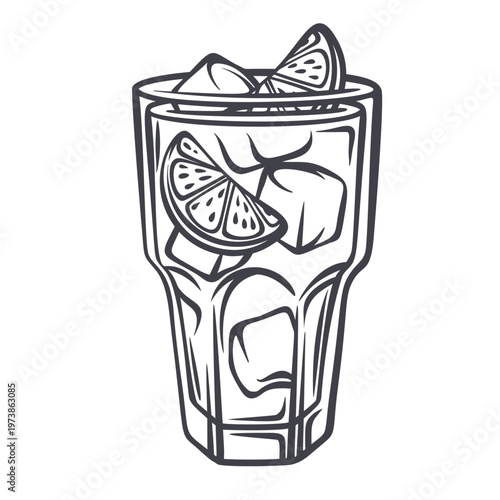 Long Island iced tea cocktail in tall glass with ice cubes and citrus slices in monochrome outline. Bar menu, party drink card and cocktail design with Long Island iced tea, vector illustration