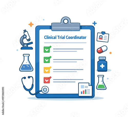 Clinical trial coordinator clipboard centered on a clean clipboard with a structured checklist and medical symbols, expressing organization, accuracy, and