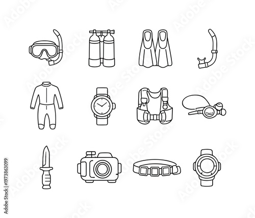 Scuba Diving Gear. Minimalistic set one-line drawing scuba mask, oxygen tank, fins, snorkel, wetsuit, diving watch, buoyancy control device, regulator, diving
