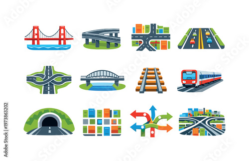 Urban Infrastructure. Colorful flat vector icons set of Urban Infrastructure: suspension bridge, highway overpass, city road network, multi lane road, traffic
